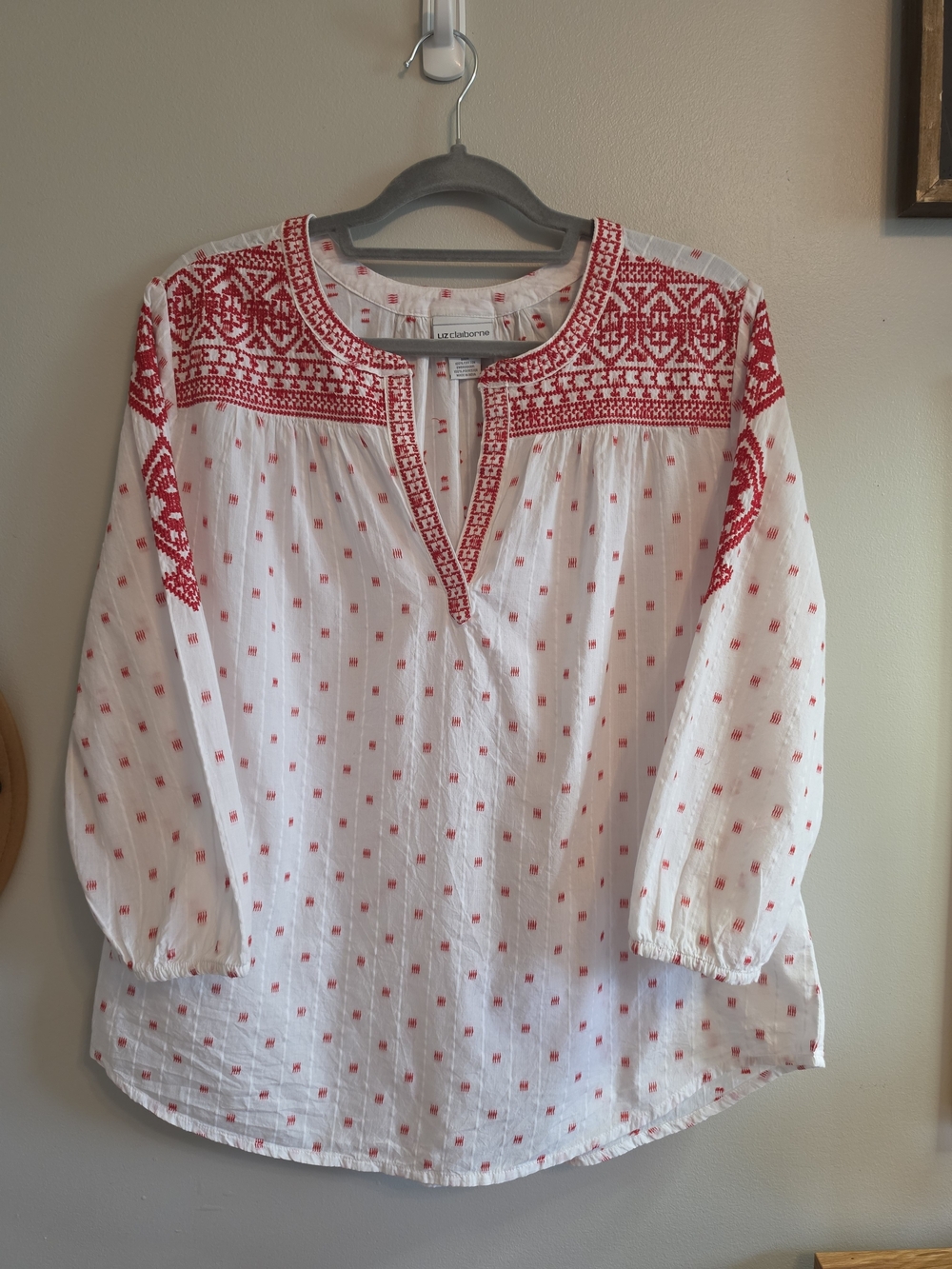 Liz Claiborne White Peasant Blouse with Red Embroidery